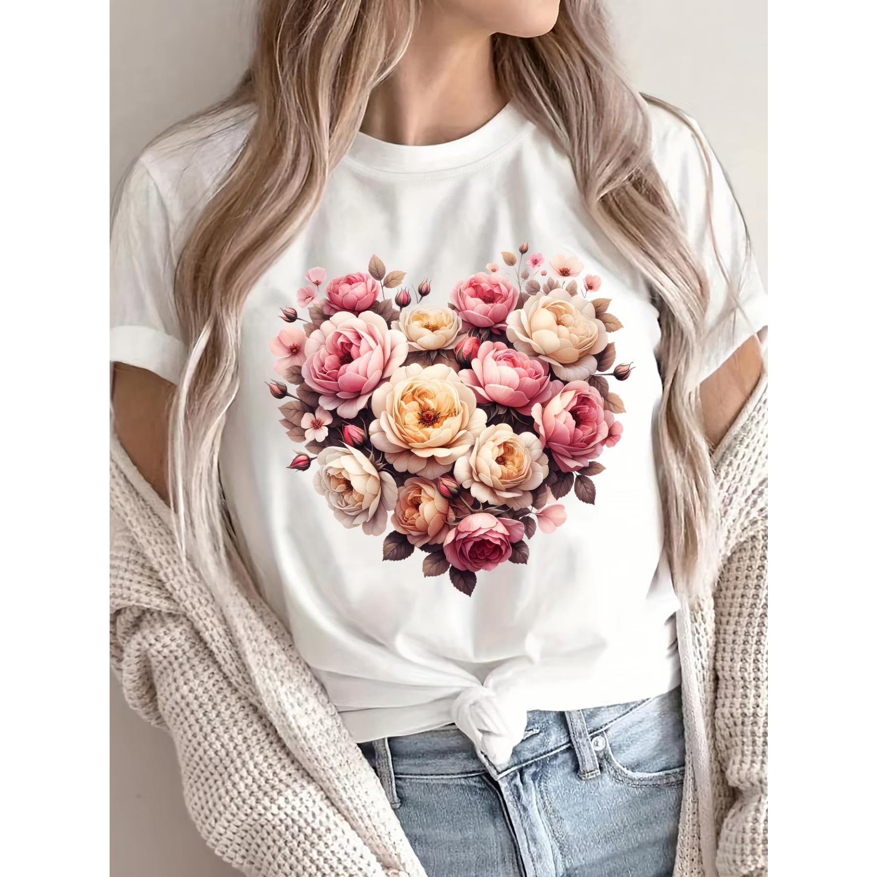 

Женская светло-серая футболка с принтом в виде сердец и цветов - Дышащая, с коротким рукавом, с круглым вырезом, Повседневный летний топ S белый