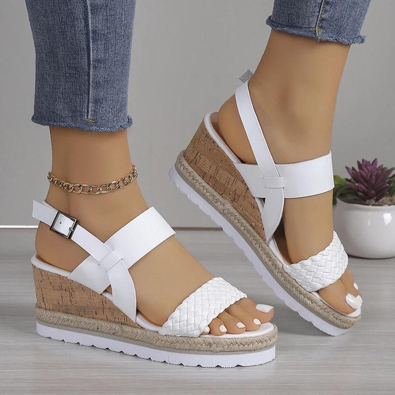 White Braided Wedge Sandals Women Summer 2025 Light Non Slip Beach Shoes Woman Fashion Buckle Strap Platform Sandalias De Mujer