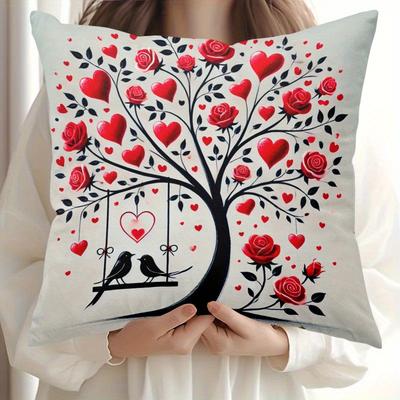 1pc Valentine's Day Heart Tree Decorative Cushion Cover - Red & Black Romantic Heart & Rose Pattern with Golden Swans