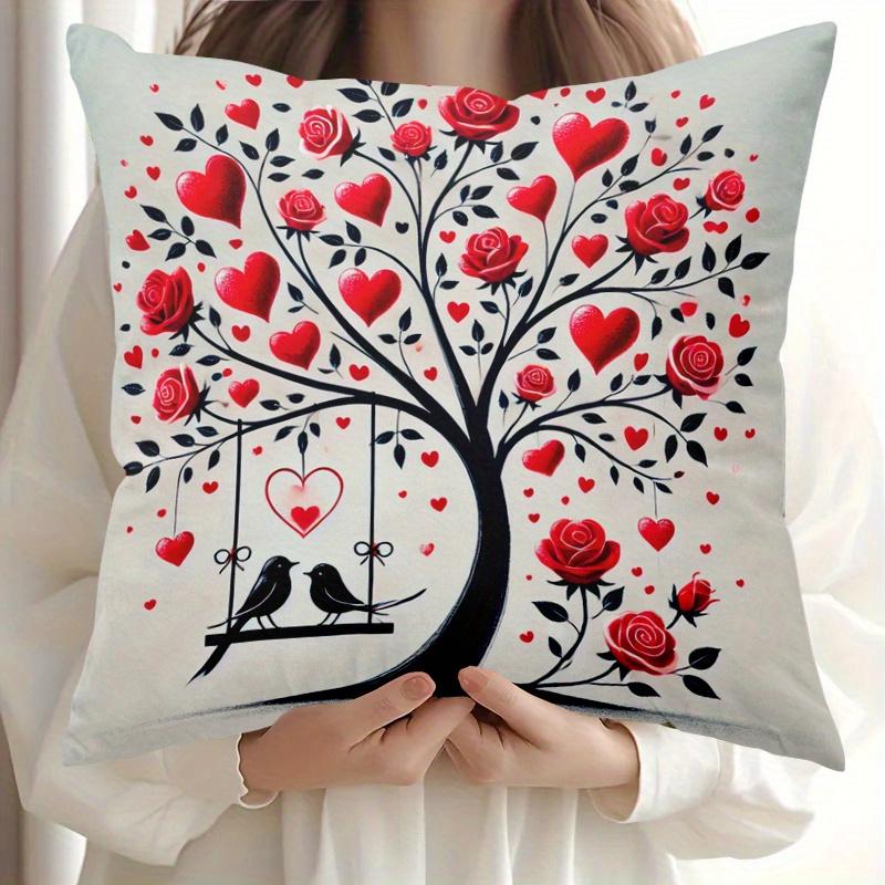 1pc Valentine's Day Heart Tree Decorative Cushion Cover - Red & Black Romantic Heart & Rose Pattern with Golden Swans