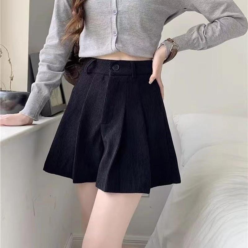 

Осенние преппи вельветовые шорты А-силуэта с высокой посадкой и плиссировкой - Приталенный повседневный стиль для женщин XL чёрный