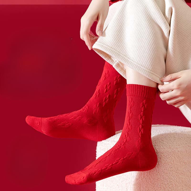 Frühlings- und Herbstsocken aus reiner Baumwolle, rot, für Damen und Herren, mittelhohe Socken, reine Baumwolle, große rote Socken, Neujahrs-Frotteesocken
