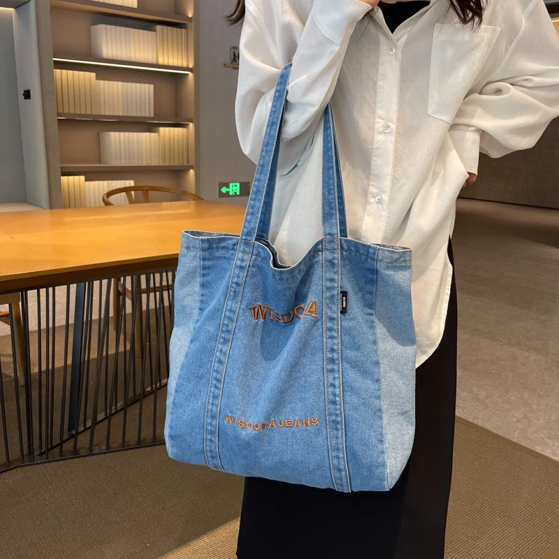 New Casual Denim Bag Women Large Capacity Shoulder Bag Letter Embroidery Denim Tote Bag