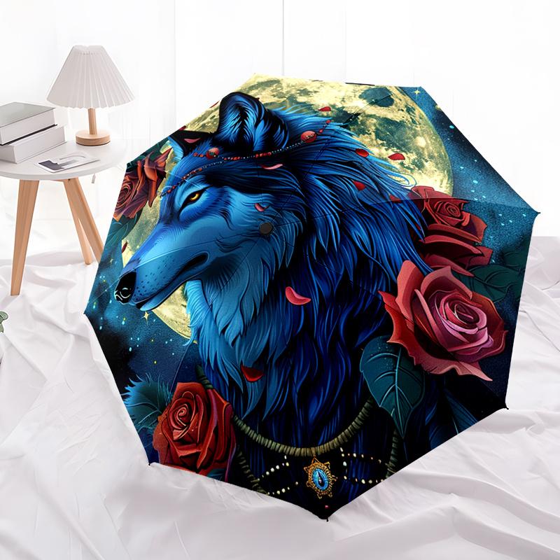 1pc Moon Wolf Rose Automatic Umbrella - Self-Opening/ Closing, Compact Folding Umbrella with Wolf, Red Roses & Moonlit Night D
