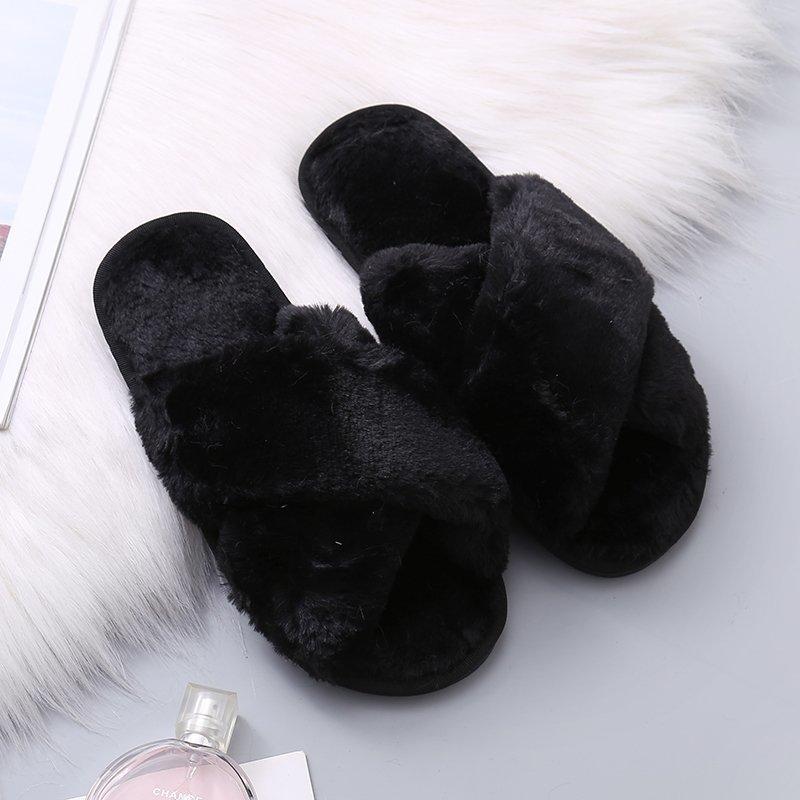 Winter New Women Slippers Faux Fur Cross Fluffy Flat Slippers Women's Home Floor Flip Flops Fashion Plush Warm Slippers WSH3748