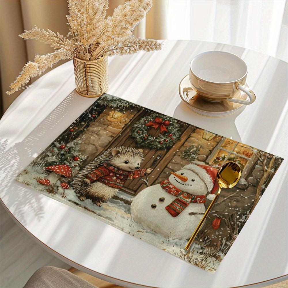 4pcs, Christmas Snowman Printed Placemats, 4pcs Table Mats, Washable Kitchen Dining Table Decoration Placemats, Suige Home