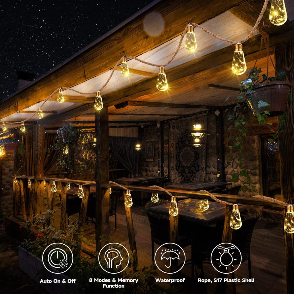 Solar Jute Rope Garden Lights - Outdoor Waterproof Copper Wire Bulbs for Decorative Camping Atmosphere