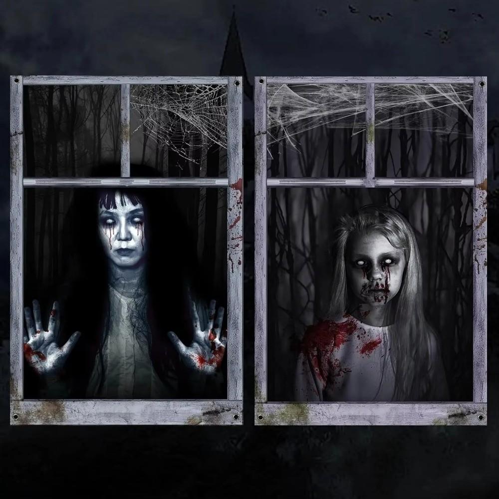 2 st Super Skrämmande Halloween Bakgrunder Blodig Flicka Fönstergardin Spökhus