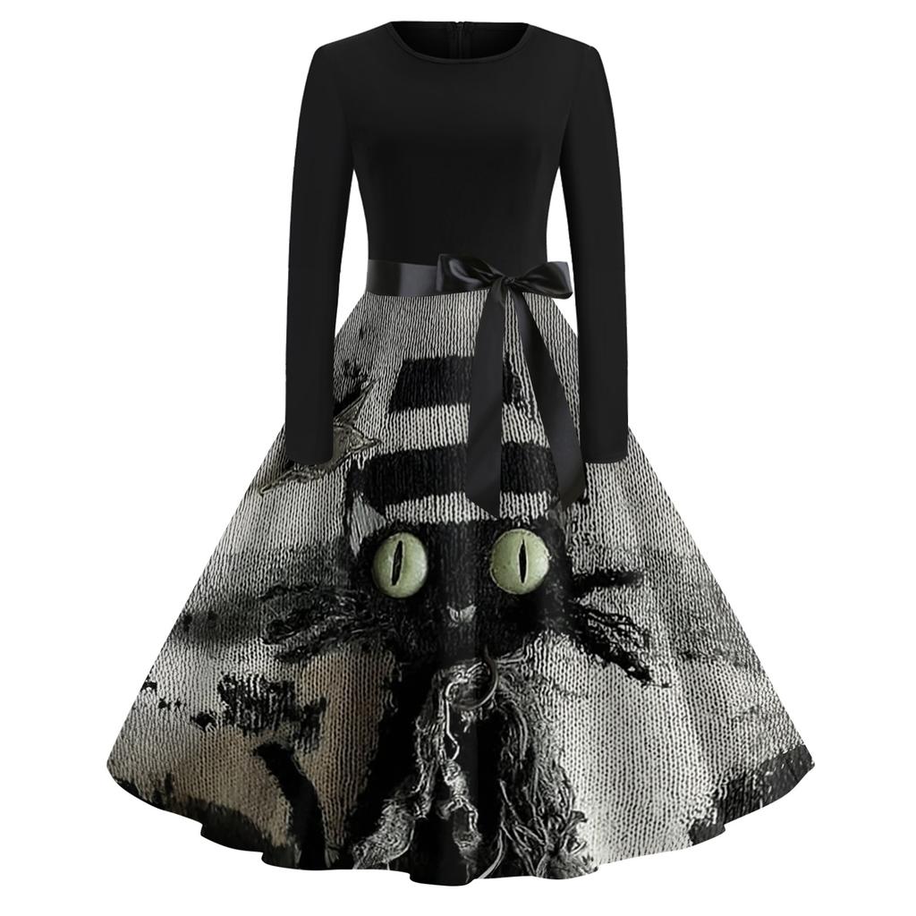 Damen Vintage Rundhals Langarmkleid mit Halloween-Print für Freizeit und Alltag