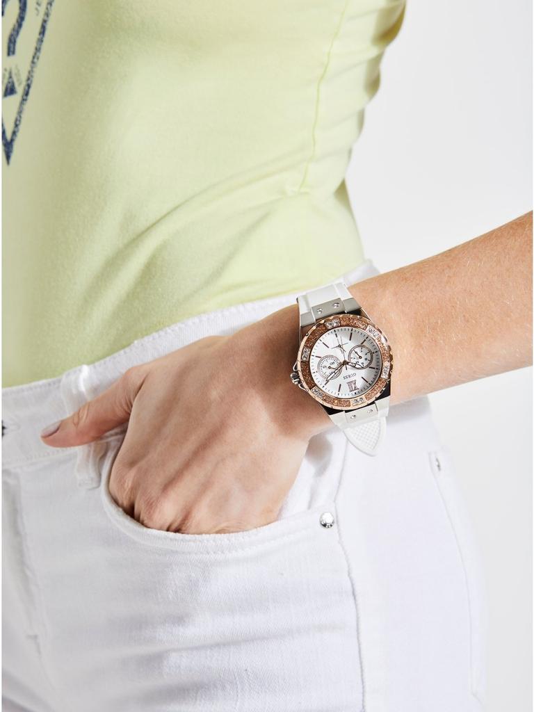 GUESS Women's Stainless Steel Silicone Watch Day Date Functions White Silver Rose Gold