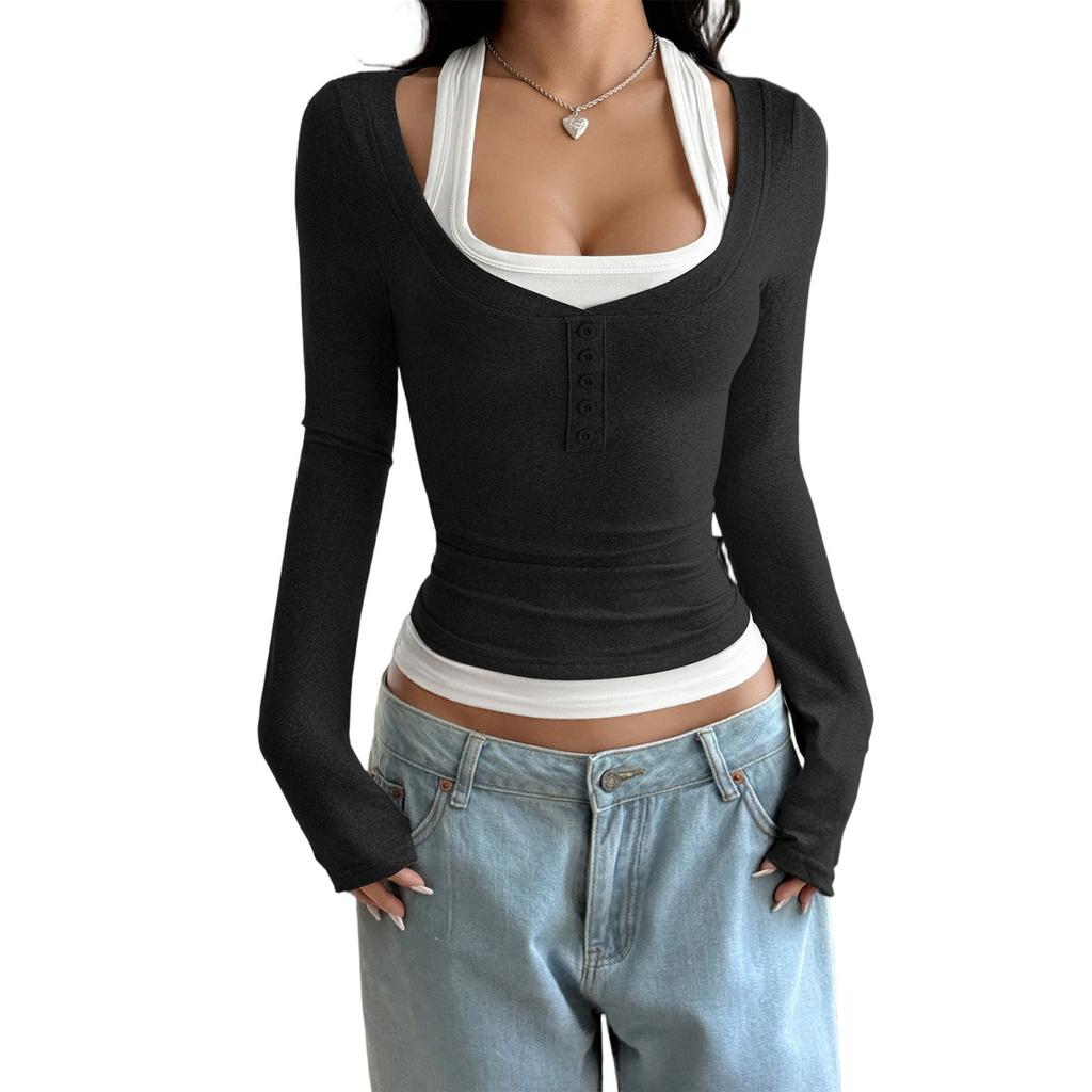 Damen Sexy Mode Zweiteiler-Look Farbknopf Hosenträger Langarm T-Shirt