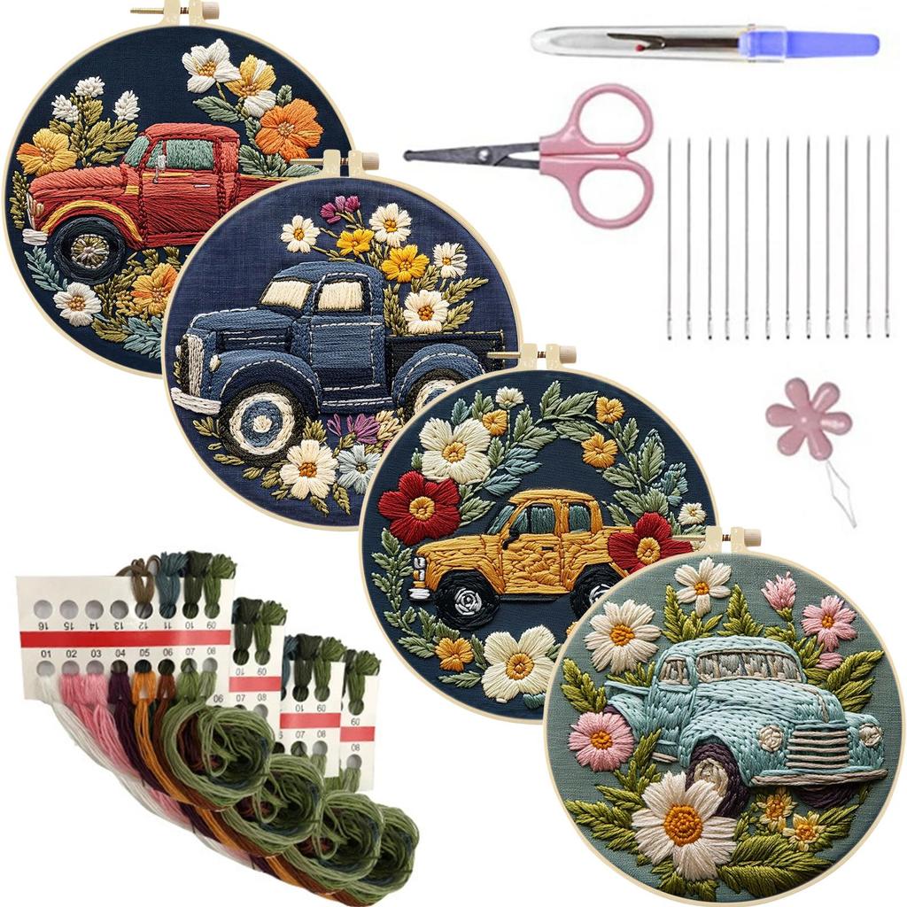 4 Pack Embroidery Starter Kit with Embroidery Hoop Needles Threads Instruction Stamped Cross Stitch Kits with Pattern for Adults