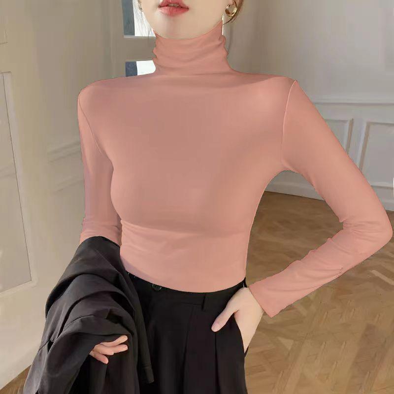 All-match Solid Color Pullover Long Sleeve Women's Clothing Spring Autumn Turtleneck T-shirt Casual Vintage Office Lady Tops