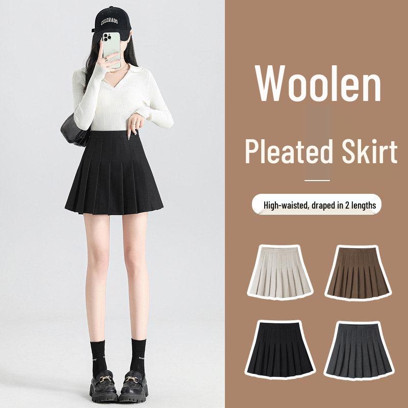 Maillard Kaffee Wolle Falten A-Linien Rock - 2026 Herbst/Winter High-Waist Khaki Kurzer Rock