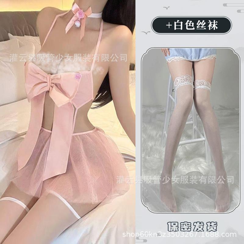 Sex Underwear Big Bow Hanging Neck Three-point Hollow Shawl Mesh Skirt Perspective Lace-up Fairy