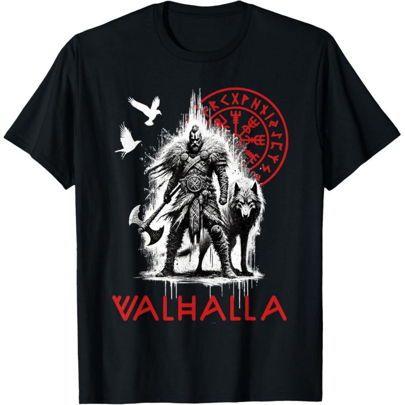 Valhalla Odin Wolf and Raven Viking Runes Norse Compass Celtic Gift t shirt Norse Myths printed Graphic clothes All size tops S