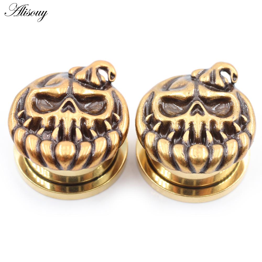 Alisouy 2 buc din oțel inoxidabil craniu de dovleac de Halloween tuneluri pentru urechi dopuri expansor targă cercei piercing bijuterii pentru corp