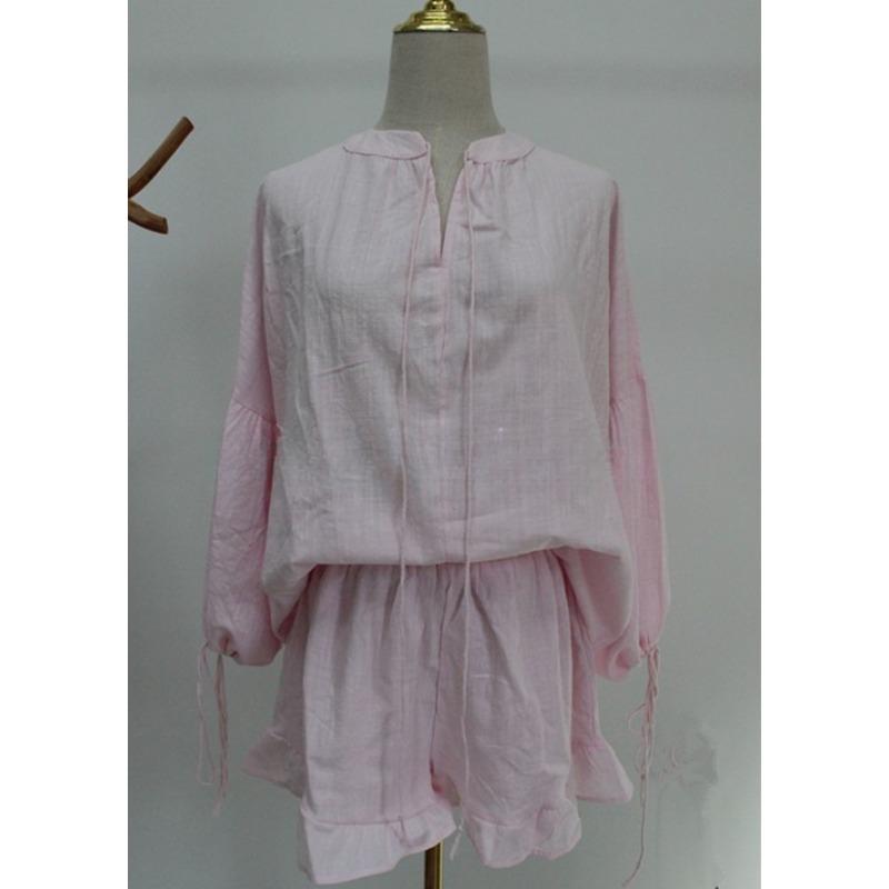 Damen Sommer Sexy Schnürung Hohe Taille Mode Einfarbig Locker V-Ausschnitt Laternenärmel Shorts Zweiteiliges Set