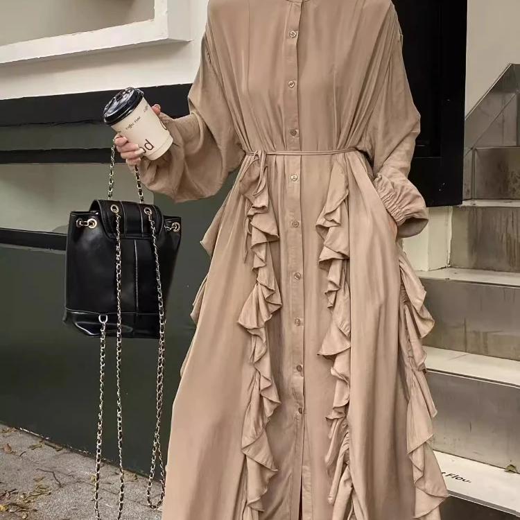 

Шикарные платья Весеннее французское элегантное платье с нерегулярными оборками Длинные рукава Длинная юбка Женские платья One Size хаки