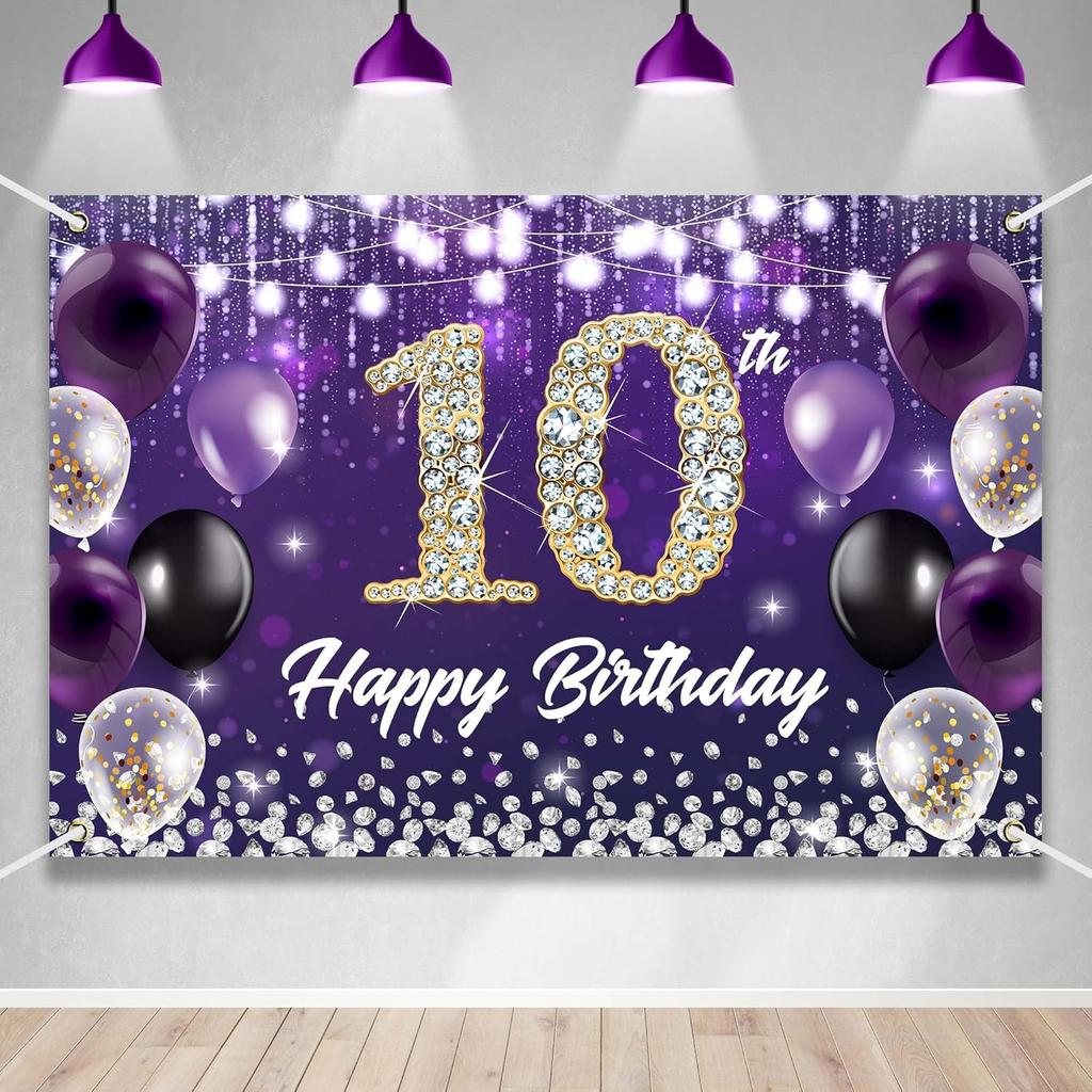 Happy 60th Birthday Backdrop Banner Purple Theme Background with Shiny Diamond Noble Elegant Birthday Party Photo Photography Prop Booth Background