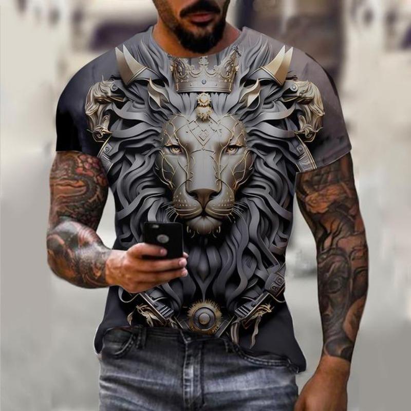 Men's T-shirt 3D lion print T-shirt summer short sleeved streetwear