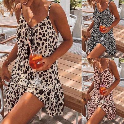 Women V-Neck Strap Open Back Sexy Print Sleeveless Above Knee Dresses