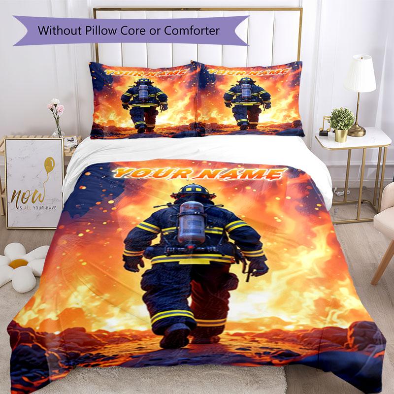 3PC Custom Name Firefighter Bravery Flames Bedding Set Duvet Cover Closure Includes 1 Duvet Cover & 2 Pillowcases for Bedroom