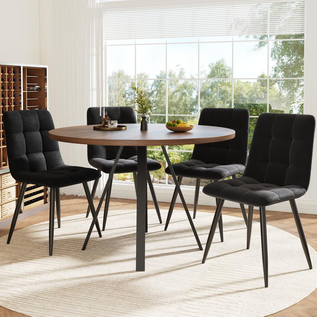Runder Esstisch (80×80×75cm), Kaffeetisch für 4 Personen, geeignet für Esszimmer, Wohnzimmer, Metalltischbeine, Schreibtisch in Walnussfarbe und schwarze Beine