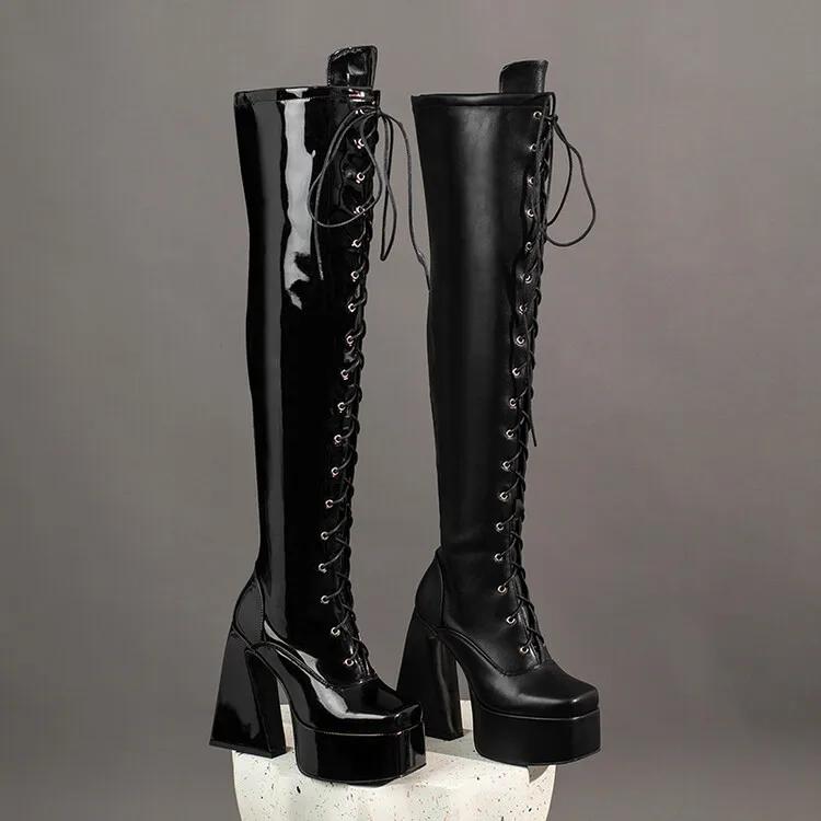 Fashion New Belt Buckle Cross Strap Elegant Black Over The Knee Boots Hot Girl Sexy Punk Style Pole Dance Fashion High Heels Shose 35-44