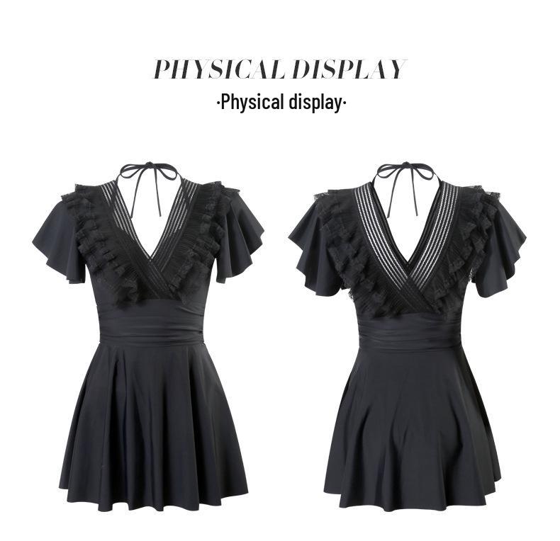 Women's Black One-Piece Skirt Swimsuit 2025 - Summer Conservative Swimwear, Sweet Slimming Design with Belly Coverage.