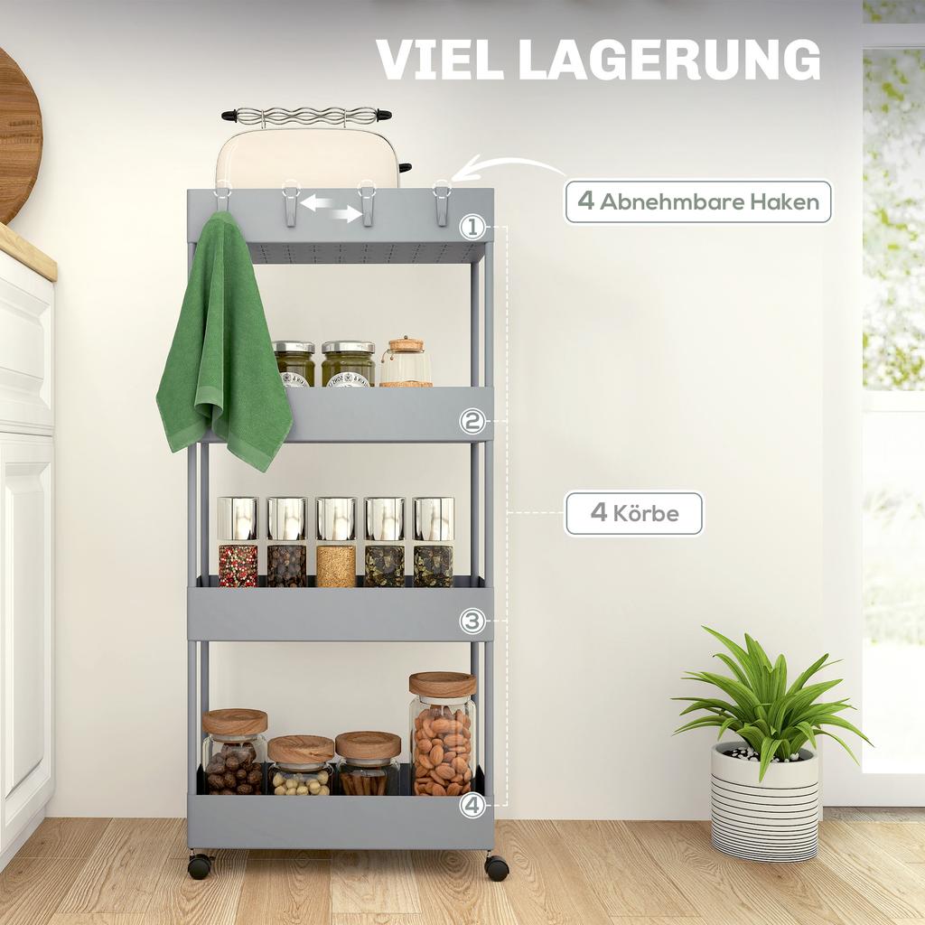 Kitchen Cart with 4 Shelves, 4 Flexible Hooks, 4 Wheels, 40 Cm X 19 Cm X 90 Cm, Narrow Gap Cart, Grey