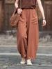 Johnature Vintage Women Harem Pants Loose Trousers Solid Color with Patchwork Pockets Elastic Waist