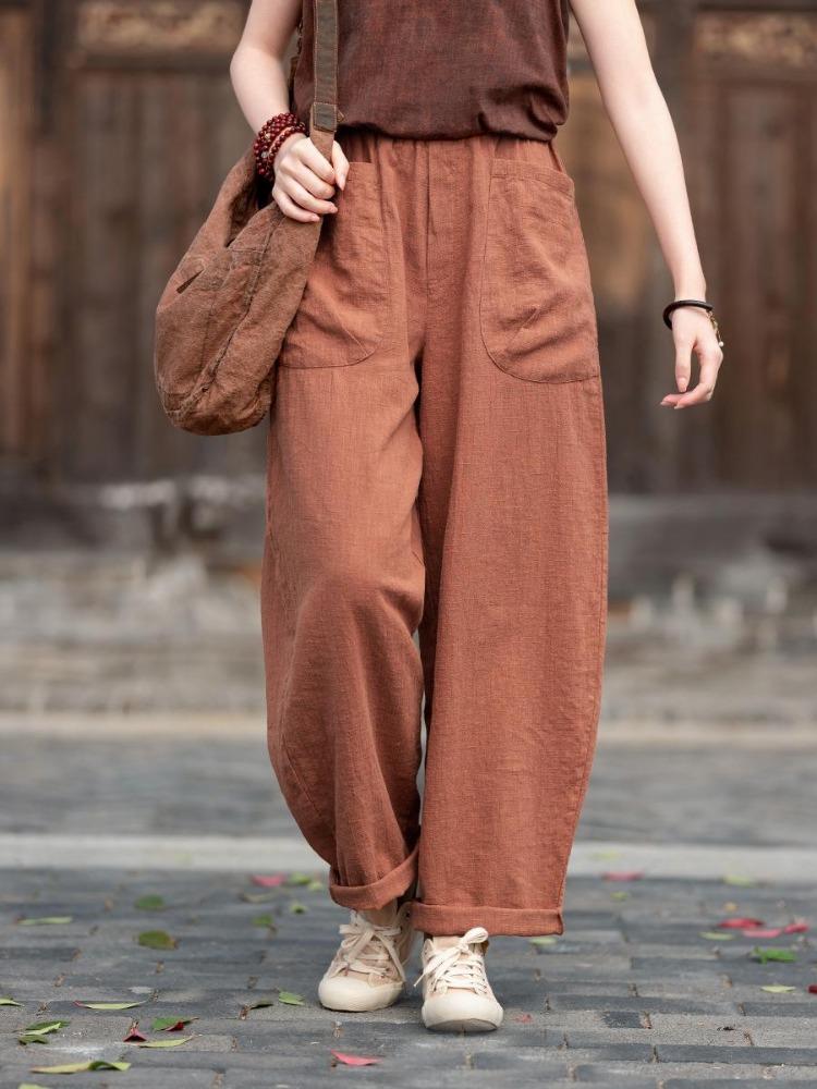 

Johnature Vintage Women Harem Pants Loose Trousers Solid Color with Patchwork Pockets Elastic Waist One Size