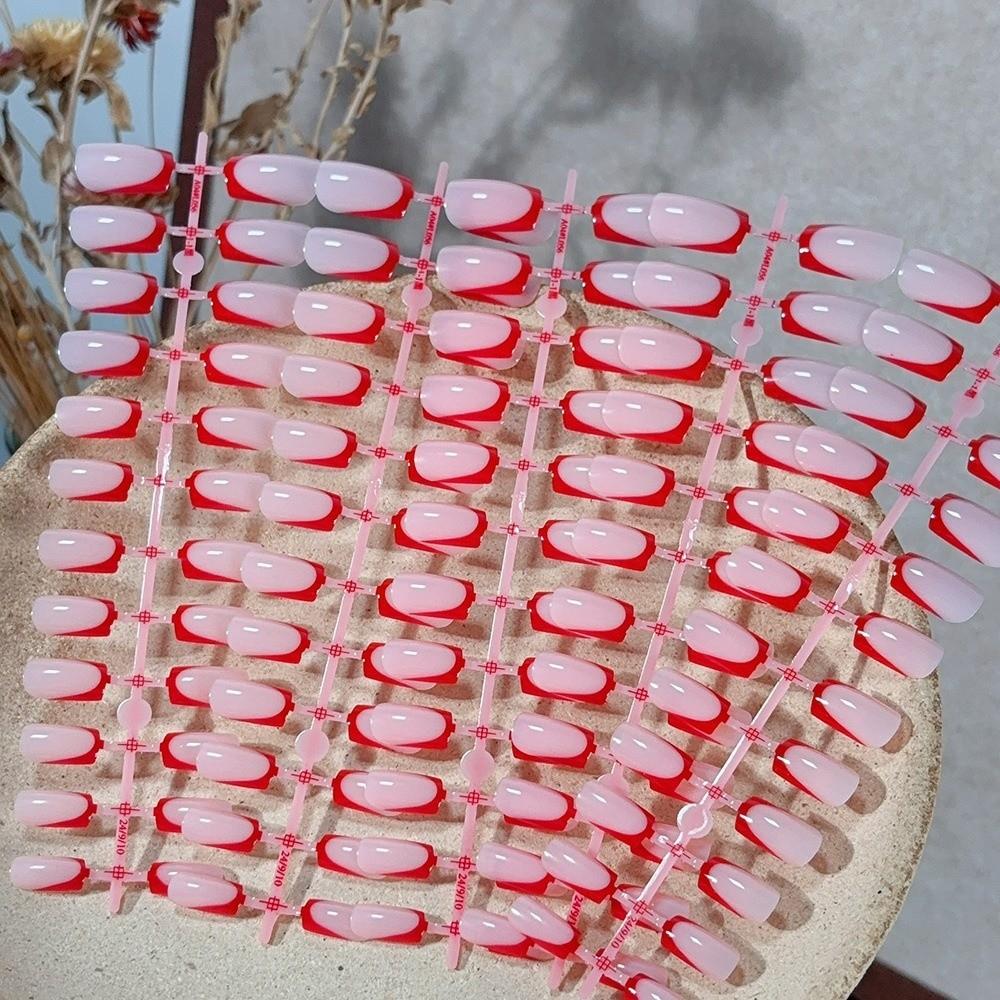 120Pcs Fashion White Edge Press On Nails Square Shape Medium Length False Nails Nude Pink Glossy Finish Fake Nails