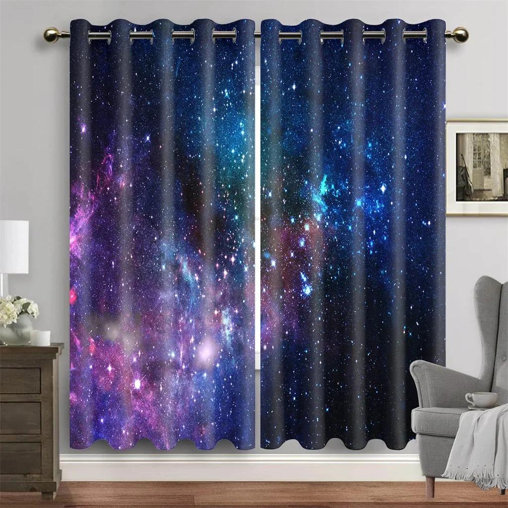 3D Purple Blue Galaxy Space Universe Stars Starry Window Curtains For Living Room Kids Bedroom Bathroom Kicthen Door Home Decor2