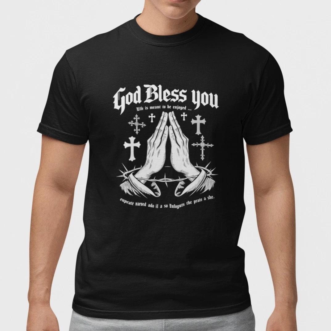 God Bless You T Shirt Christian Faith Tee Praying Hands Cross Religious Shirt XL