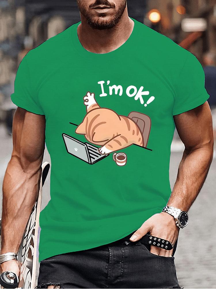 Cute "I'm OK" Cat Graphic T-Shirt for Men Women Casual Round Neck Short Sleeve Tee Fashion Stylish Lazy Cat Design T-shirts Tops