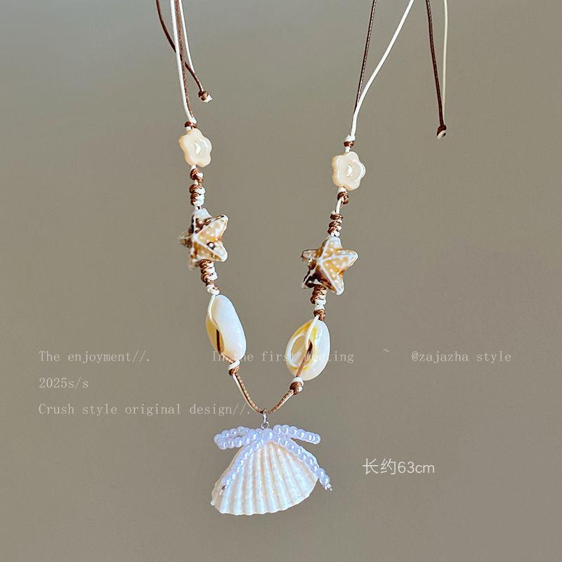 Conch Ceramic Wax Rope Shell Pendant Necklace Ocean Vacation Style Collarbone Chain Fashion Temperament High-end Jewelry Women