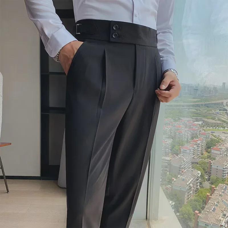 Men's Gray High-Waist Slim Fit Nine-Point Straight Trousers - 2024 Spring/Summer Business Casual.