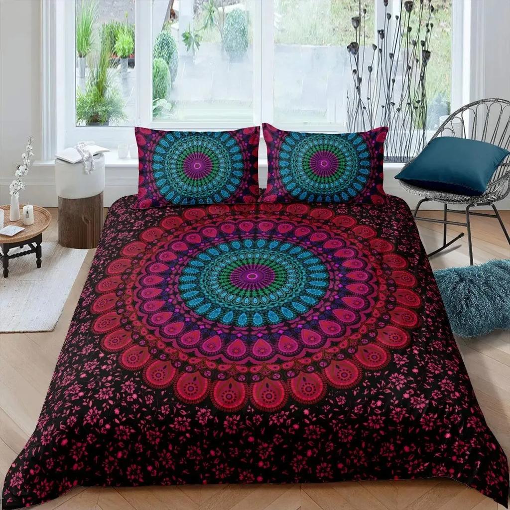 Neon Mandala Duvet Cover Set Full Queen Boho Hippie Bedding Set Ancient Mayan Calendar 3D Print Abstract Comforter Cover