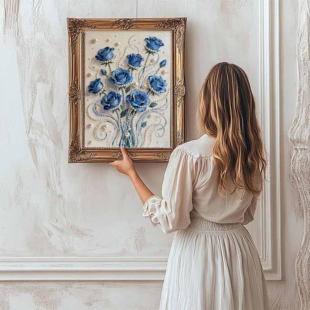 Crystal Pearl Painting 5D DIY Frame Decoration Painting Blue Rose Home Wall Decoration Transparent Pearl Gemstone Painting Picture Art Crafts
