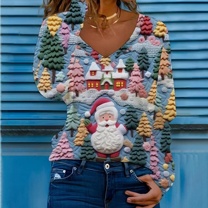 Christmas Women T-shirts  New Autumn Winter Christmas Printed V-neck Long Sleeve Women's T-shirt Fashion Loose Tops