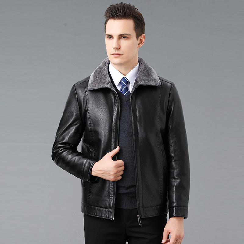Genuine Leather Jacket for Middle-aged and Elderly Dads, Sheepskin Lapel Jacket, Velvet Thickened Men's Jacket
