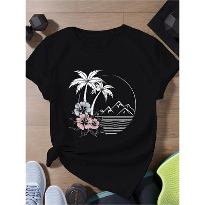 White Palm Tree Print T Shirt Loose Fit Short Sleeve Crew Neck Casual Beach Comfortable Everyday Top