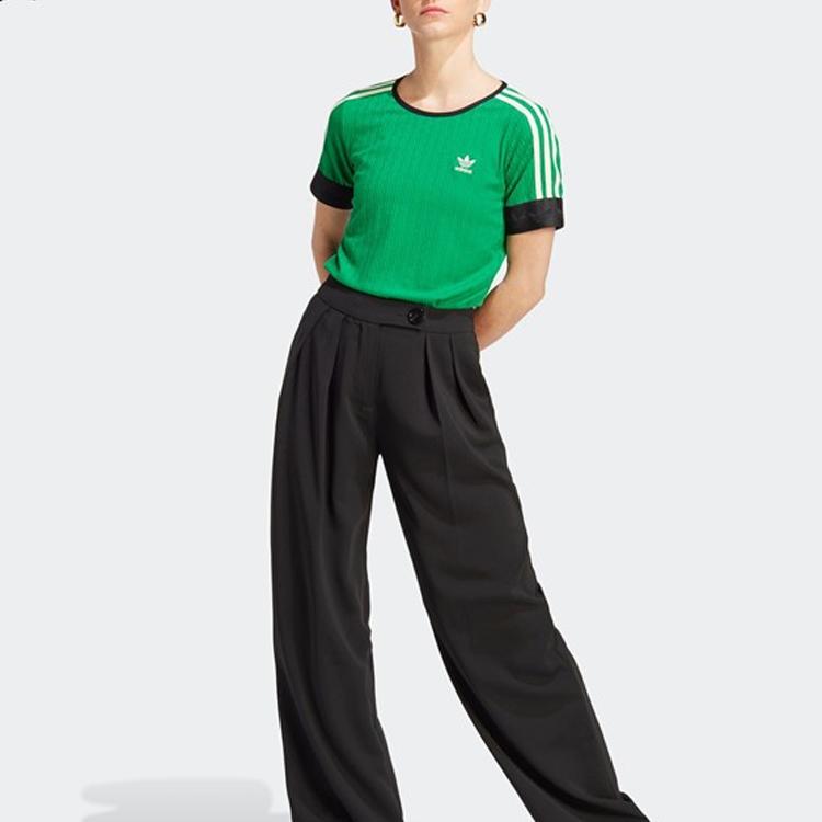Adidas Originals Adicolor 70s Retro Series Brand Logo Print Stripe Casual Crew Neck Short Sleeve T-Shirt Women Tops Green IK7844