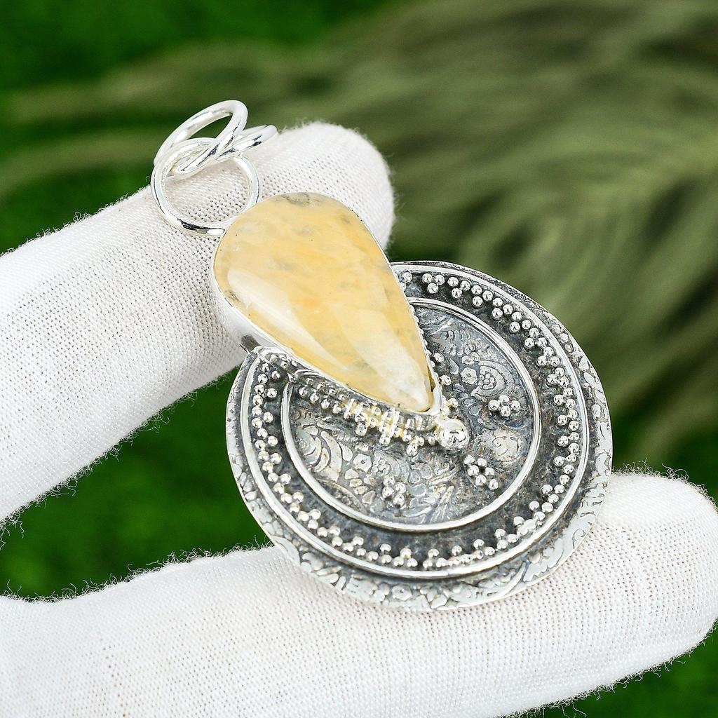 Memorial Day Sale Pear Plume Agate Stone Sterling Silver Wedding Bezel Pendant
