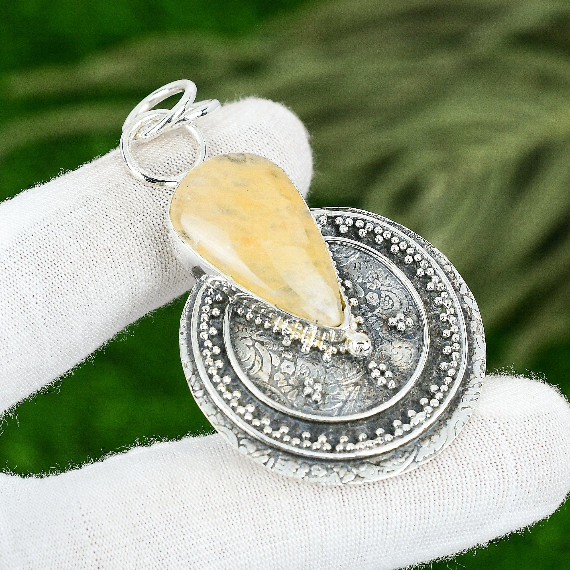 

Memorial Day Sale Pear Plume Agate Stone Sterling Silver Wedding Bezel Pendant