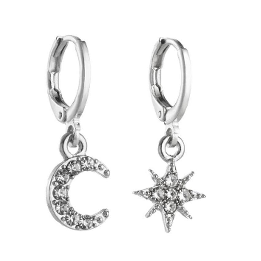 Asymmetrical Star & Moon Rhinestone Earrings - Korean Fashion Trend for Women серебряный