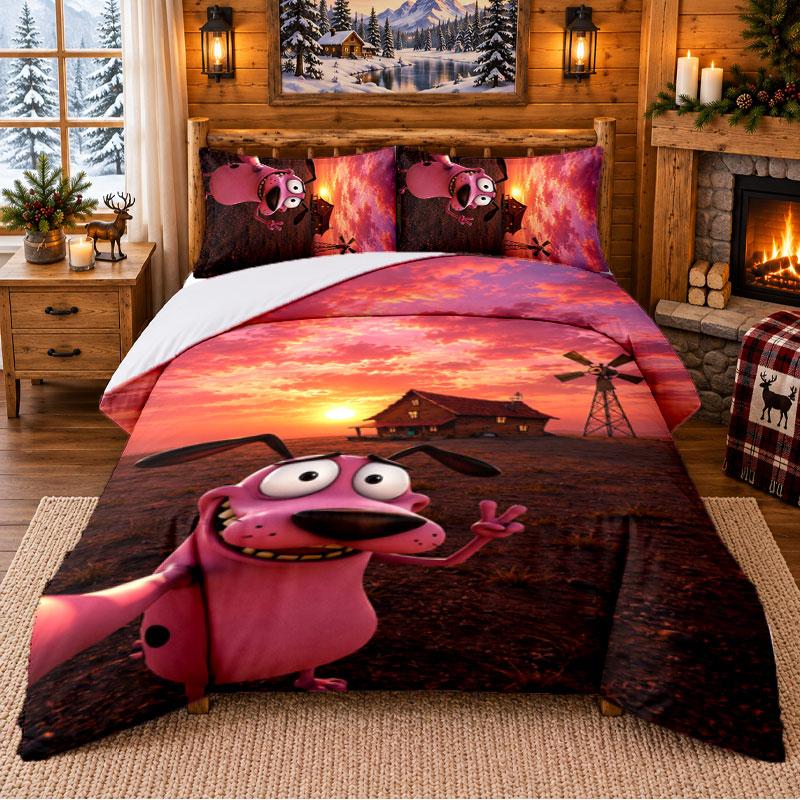 Courage the Cowardly Dog Pattern Bedding 3Pcs Set Bed Sheet And Pillowcases For Indoor Bedroom