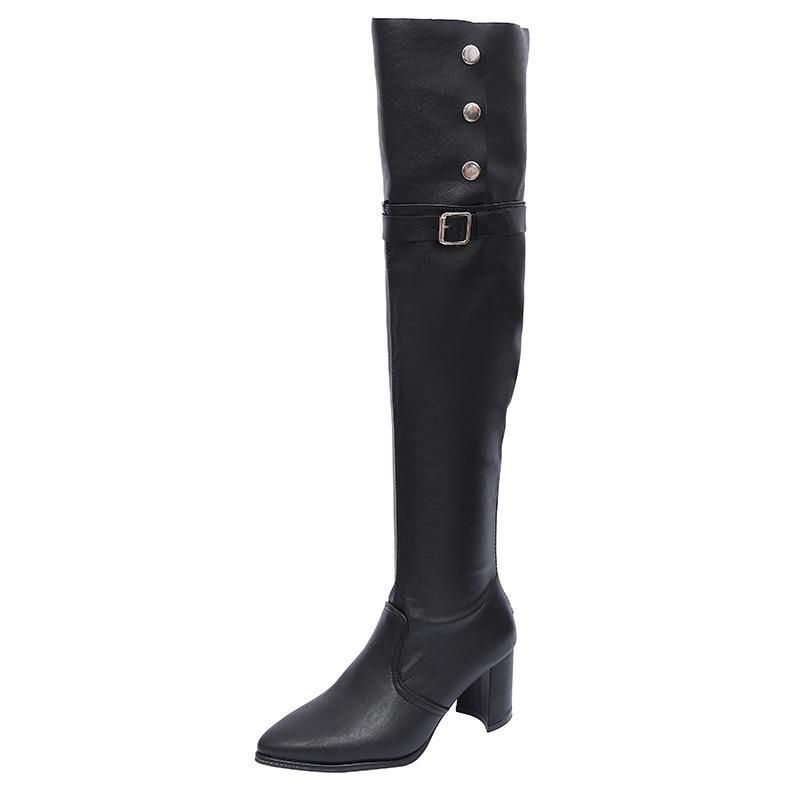 High boots over the knee fold wind high heel boots wear thin pointed casual knight boots leather boots two thick heel niche fashion